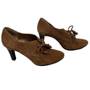 Anne Klein Light Brown Suede Leather zipper Lace Up Ankle Booties With Heels